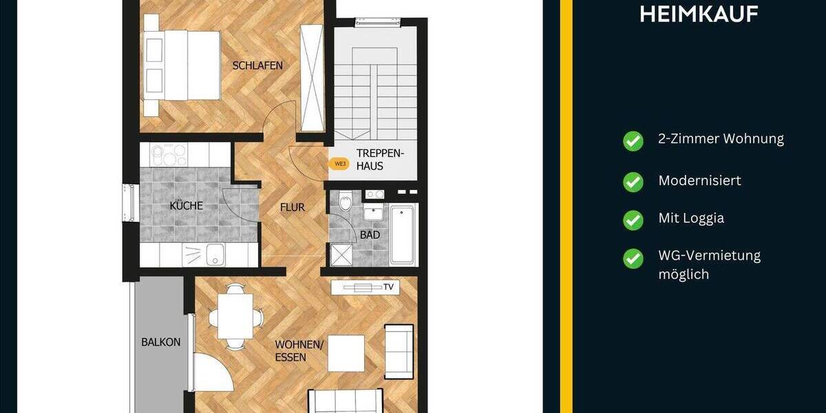 Etagenwohnung Köln Altstadt-Süd - 2 Zimmer, 65 m&sup2;, 385.000&euro; | Angebot:25986346