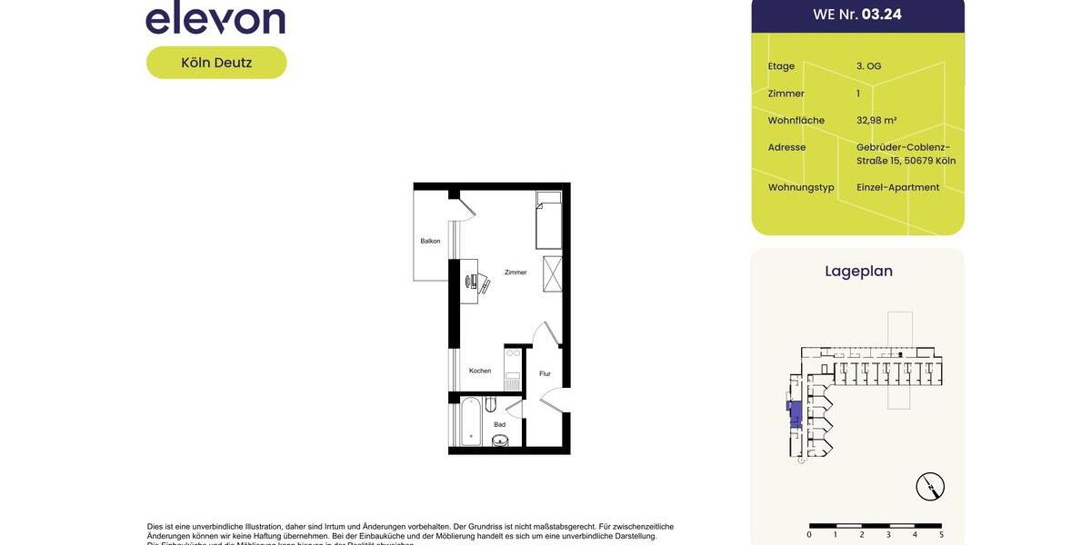 Etagenwohnung Köln Mülheim - 1 Zimmer, 33 m&sup2;, 554&euro; | Angebot:25304426