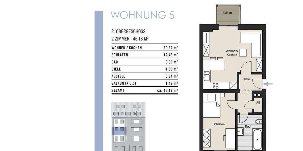 Etagenwohnung Köln Neuehrenfeld - 2 Zimmer, 46 m&sup2;, 309.000&euro; | Angebot:25224040