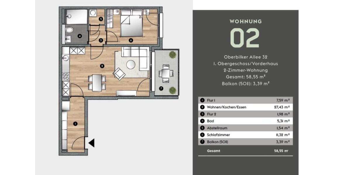 Etagenwohnung Düsseldorf Stadtbezirk 3 - 2 Zimmer, 59 m&sup2;, 1.650&euro; | Angebot:25433169