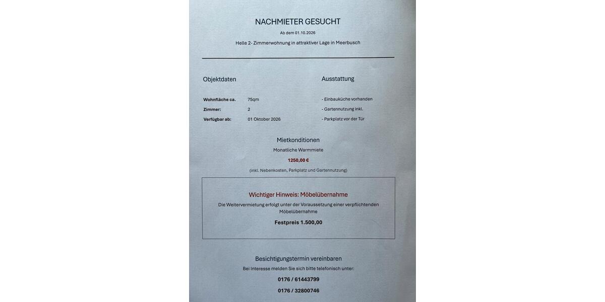 Etagenwohnung Meerbusch - 3 Zimmer, 75 m&sup2;, 1.250&euro; | Angebot:26521313