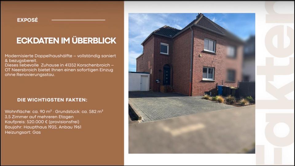 Doppelhaushälfte Korschenbroich - 3.5 Zimmer, 90 m&sup2;, 519.000&euro; | Angebot:26710368