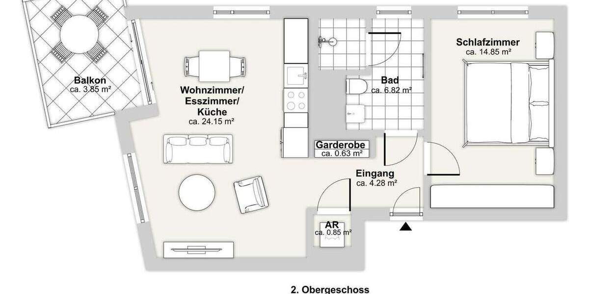 Etagenwohnung Düsseldorf Heerdt - 2 Zimmer, 55 m&sup2;, 1.300&euro; | Angebot:25739033